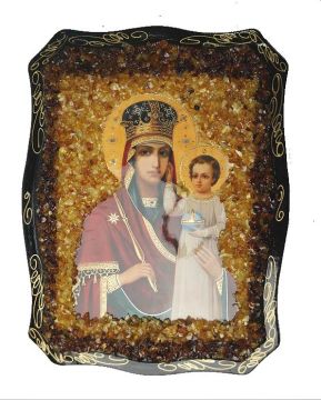 Русская православная икона "Божией Матери Призри на смирение", украшенная натуральным янтарем. 