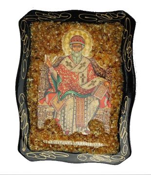 Русская икона, украшенная натуральным янтарем 