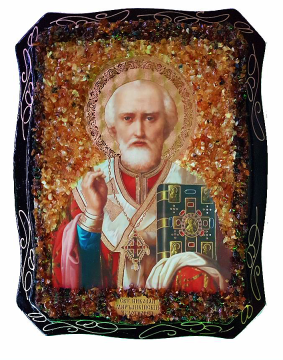 Русская православная икона, "Николай Чудотворец"  украшенная натуральным янтарем 