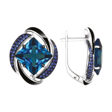 Серебряные серьги 925 пробы, с эмалью, синим ситаллом и фианитами 